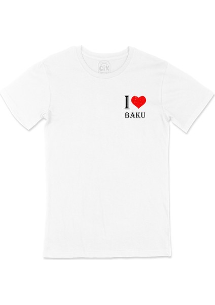 I Love Bakü Cep Logo Tasarımlı Beyaz Tişört