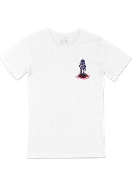 Dağcı Astronot Cep Logo Tasarımlı Beyaz Tişört