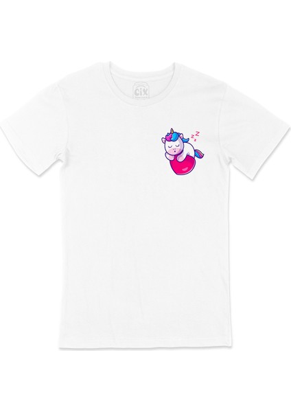 Uykucu Unicorn Cep Logo Tasarımlı Beyaz Tişört