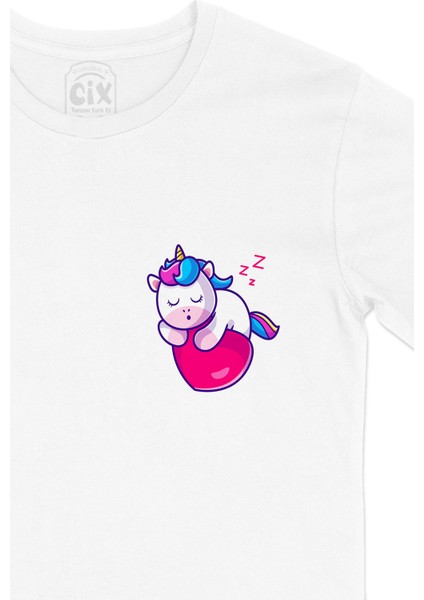 Uykucu Unicorn Cep Logo Tasarımlı Beyaz Tişört fiyatları
