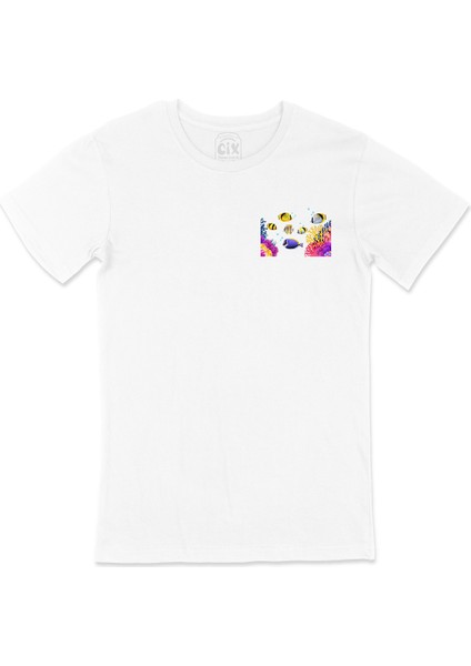 Deniz Akvaryumu Cep Logo Tasarımlı Beyaz Tişört