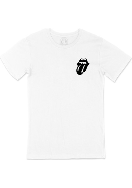 Siyah Rolling Stones Cep Logo Tasarımlı Beyaz Tişört