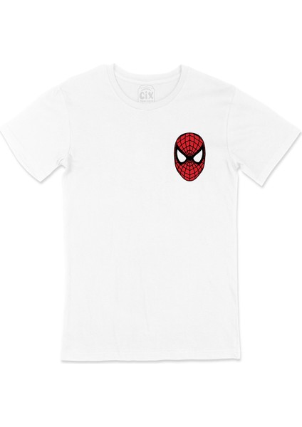 Spiderman Maske Cep Logo Tasarımlı Beyaz Tişört