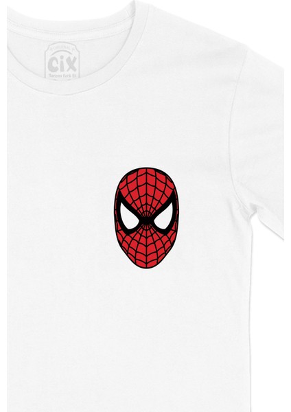 Spiderman Maske Cep Logo Tasarımlı Beyaz Tişört