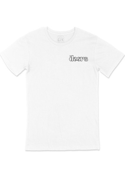 The Doors Logolu Cep Logo Tasarımlı Beyaz Tişört