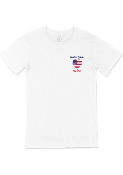 New York Amerika Bayraklı Kalpli Cep Logo Tasarımlı Beyaz Tişört