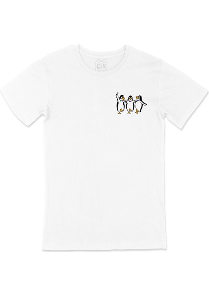Dans Eden Penguenler Cep Logo Tasarımlı Beyaz Tişört