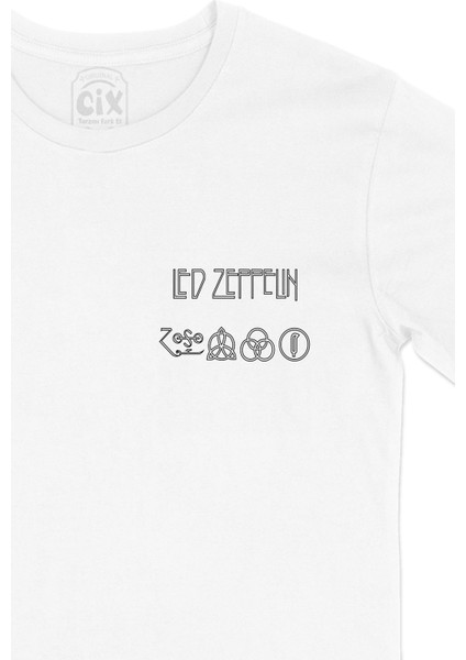 LED Zeppelin Logo Tasarım Cep Logo Tasarımlı Beyaz Tişört