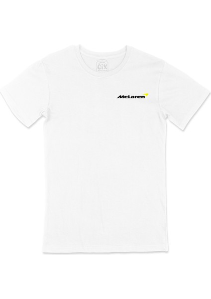 F1 Mc Laren Logolu Cep Logo Tasarımlı Beyaz Tişört