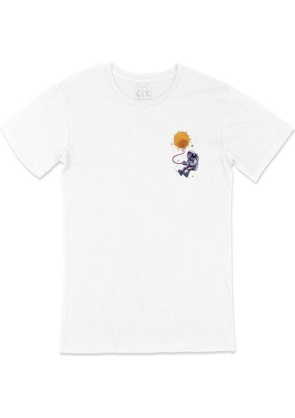 Maymun Astronot Cep Logo Tasarımlı Beyaz Tişört