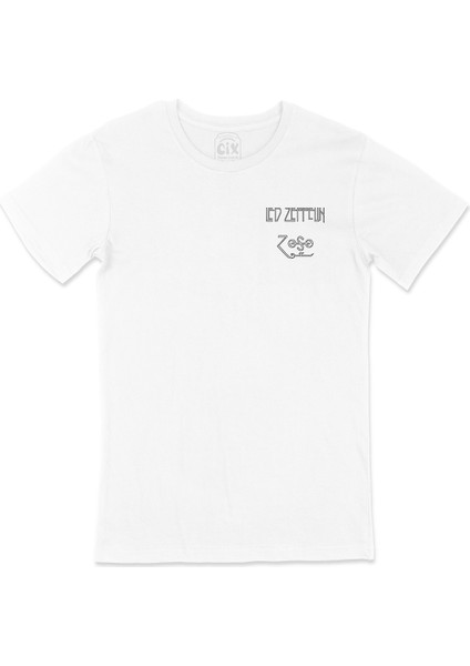 LED Zeppelin Jimmy Page Cep Logo Tasarımlı Beyaz Tişört