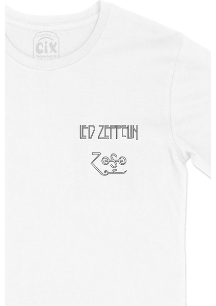 LED Zeppelin Jimmy Page Cep Logo Tasarımlı Beyaz Tişört