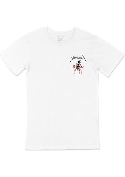 Metallica Kırmızı Logolu Cep Logo Tasarımlı Beyaz Tişört