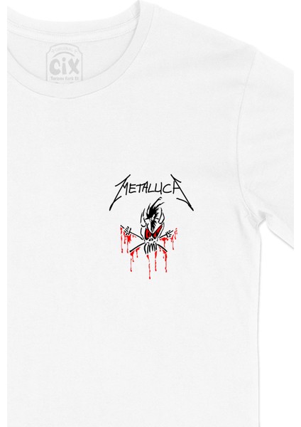 Metallica Kırmızı Logolu Cep Logo Tasarımlı Beyaz Tişört fiyatları