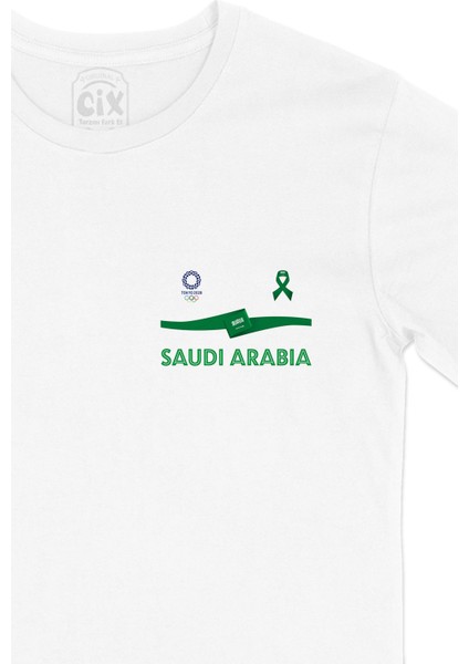 Suudi Arabistan Tokyo 2020 Olimpiyatları Cep Logo Tasarımlı Beyaz Tişört fiyatları