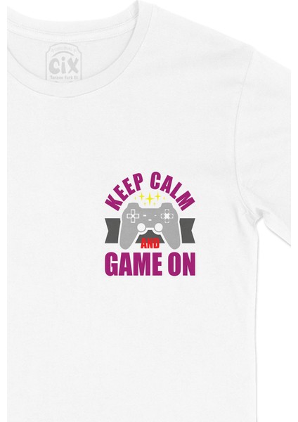 Mor Keep Calm Game On Cep Logo Tasarımlı Beyaz Tişört fiyatları