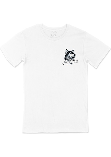 Husky Sibirya Kurdu Cep Logo Tasarımlı Beyaz Tişört