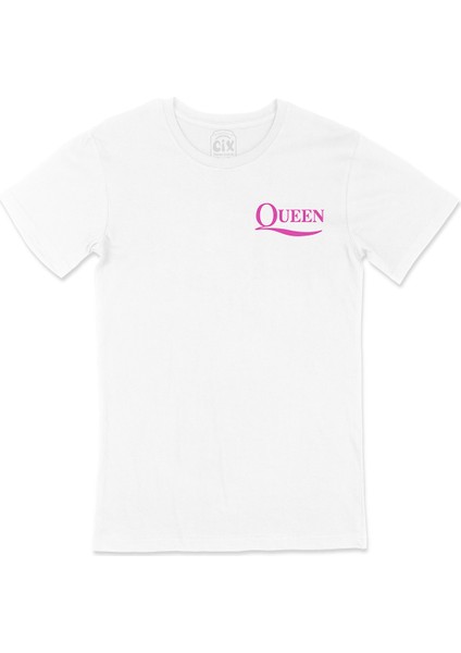 Pembe Queen Rock Cep Logo Tasarımlı Beyaz Tişört