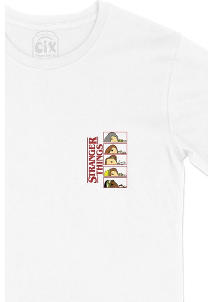 Stranger Things Resimli Cep Logo Tasarımlı Beyaz Tişört fiyatları