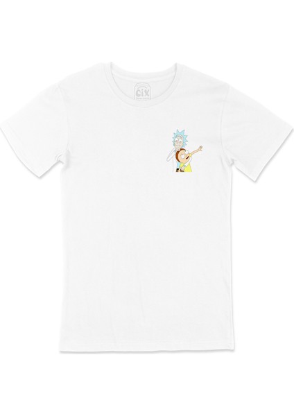 Rick And Morty Görselli Cep Logo Tasarımlı Beyaz Tişört