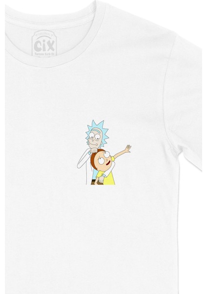 Rick And Morty Görselli Cep Logo Tasarımlı Beyaz Tişört