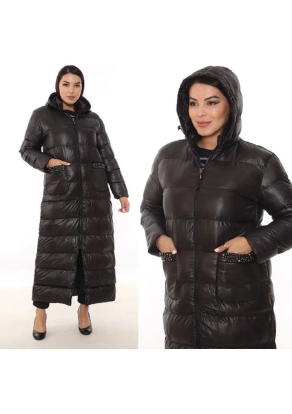Kadın Büyük Beden Siyah Uzun Kapüşonlu Şişme Mont