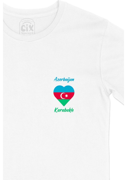 Karabağ Azerbaycan Bayraklı Kalpli Cep Logo Tasarımlı Beyaz Tişört fiyatları