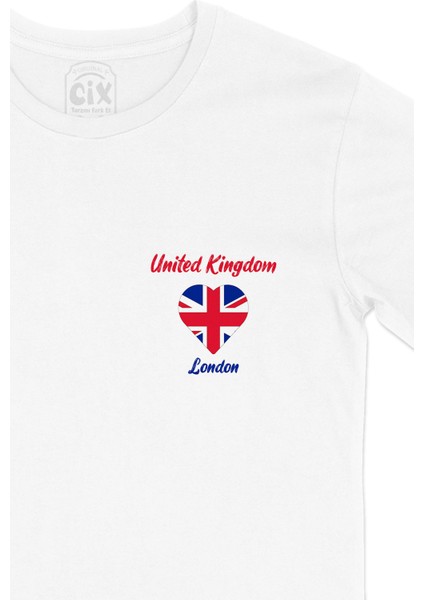 Londra Ingiltere Bayraklı Kalpli Cep Logo Tasarımlı Beyaz Tişört