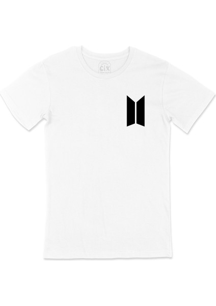 Bts Büyük Logolu Cep Logo Tasarımlı Beyaz Tişört