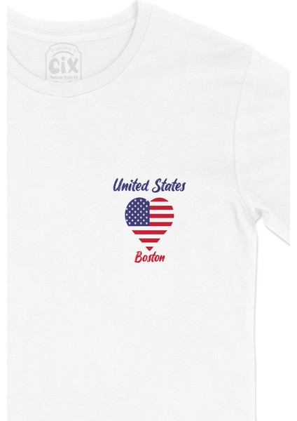 Boston Amerika Bayraklı Kalpli Cep Logo Tasarımlı Beyaz Tişört
