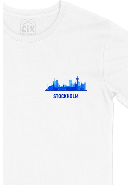 Stockholm Manzaralı Cep Logo Tasarımlı Beyaz Tişört fiyatları
