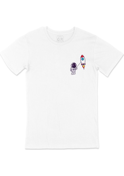 Astronot ve Roket Cep Logo Tasarımlı Beyaz Tişört