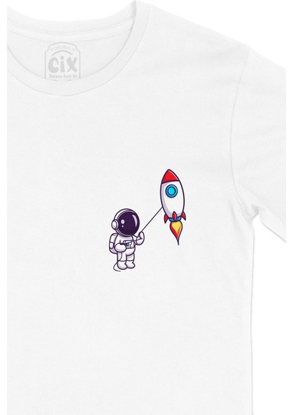 Astronot ve Roket Cep Logo Tasarımlı Beyaz Tişört fiyatları