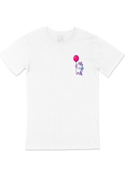 Bolonlu Unicorn Cep Logo Tasarımlı Beyaz Tişört