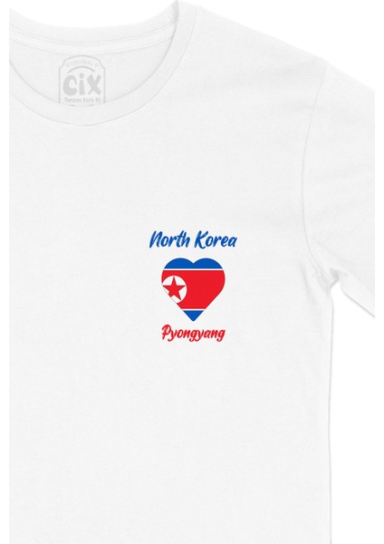 Pyongyang Kuzey Kore Bayraklı Kalpli Cep Logo Tasarımlı Beyaz Tişört fiyatları