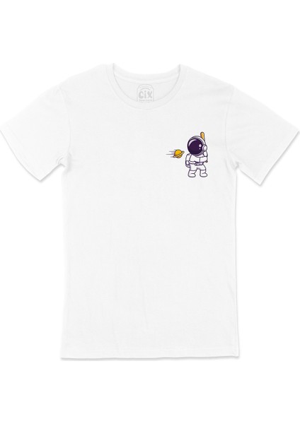 Astronot ve Beyzbol Cep Logo Tasarımlı Beyaz Tişört