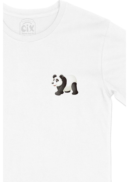 Tatlı Panda Tasarım Cep Logo Tasarımlı Beyaz Tişört fiyatları