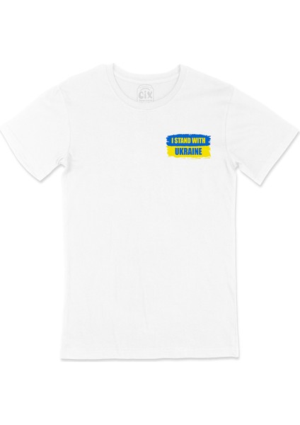 I Stand With Ukraine Ukrayna Cep Logo Tasarımlı Beyaz Tişört