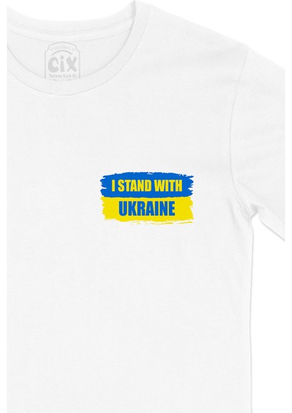 I Stand With Ukraine Ukrayna Cep Logo Tasarımlı Beyaz Tişört fiyatları