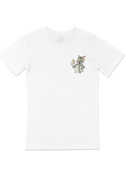 Tom Jerry Kedi Fare Cep Logo Tasarımlı Beyaz Tişört