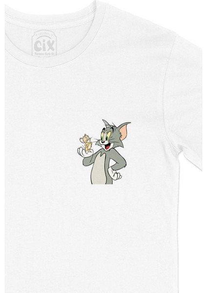 Tom Jerry Kedi Fare Cep Logo Tasarımlı Beyaz Tişört fiyatları