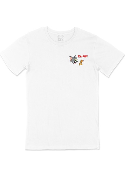 Sevimli Tom ve Jerry Cep Logo Tasarımlı Beyaz Tişört