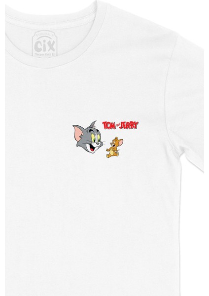 Sevimli Tom ve Jerry Cep Logo Tasarımlı Beyaz Tişört