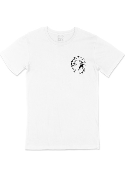 Kartal Bakışı Cep Logo Tasarımlı Beyaz Tişört