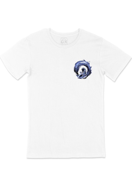 Sörfçü Astronot Cep Logo Tasarımlı Beyaz Tişört