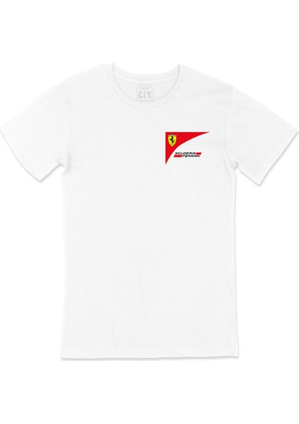F1 Scuderia Ferrari Cep Logo Tasarımlı Beyaz Tişört