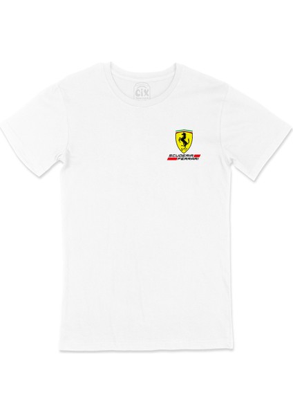 F1 Ferrari Scuderia Cep Logo Tasarımlı Beyaz Tişört