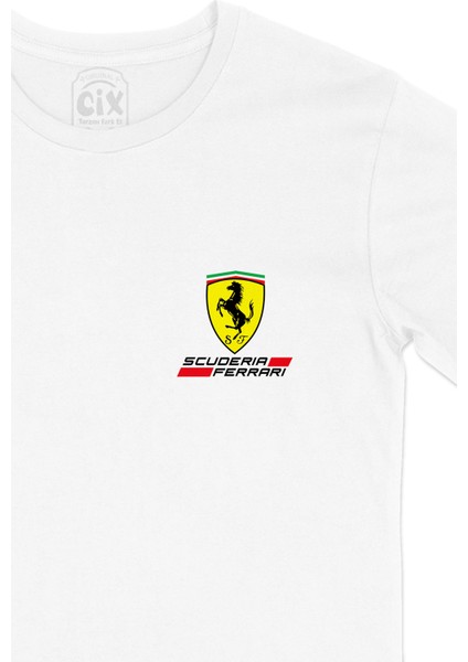 F1 Ferrari Scuderia Cep Logo Tasarımlı Beyaz Tişört