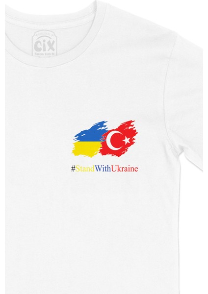 Stand With Ukraine Ukrayna Türkiye Cep Logo Tasarımlı Beyaz Tişört fiyatları