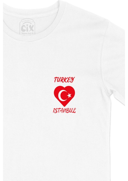 Istanbul Türkiye Bayraklı Kalpli Cep Logo Tasarımlı Beyaz Tişört fiyatları